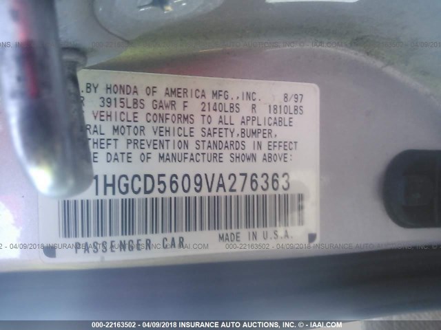 1HGCD5609VA276363 - 1997 HONDA ACCORD SE TAN photo 9