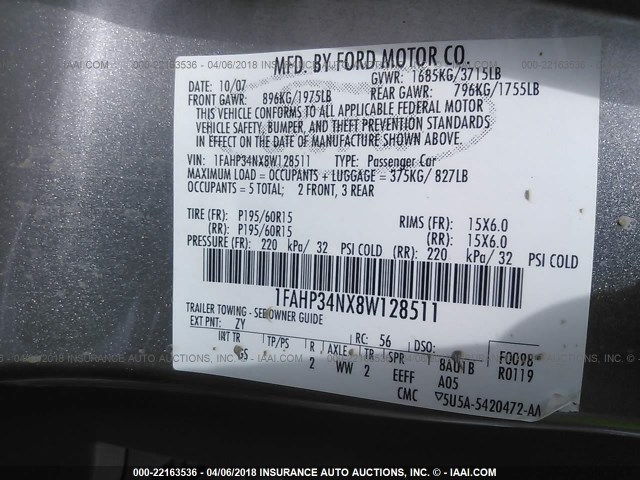 1FAHP34NX8W128511 - 2008 FORD FOCUS S/SE GRAY photo 9