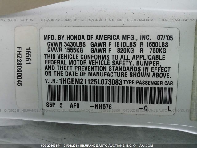 1HGEM21125L073083 - 2005 HONDA CIVIC DX VP Ağ foto 9