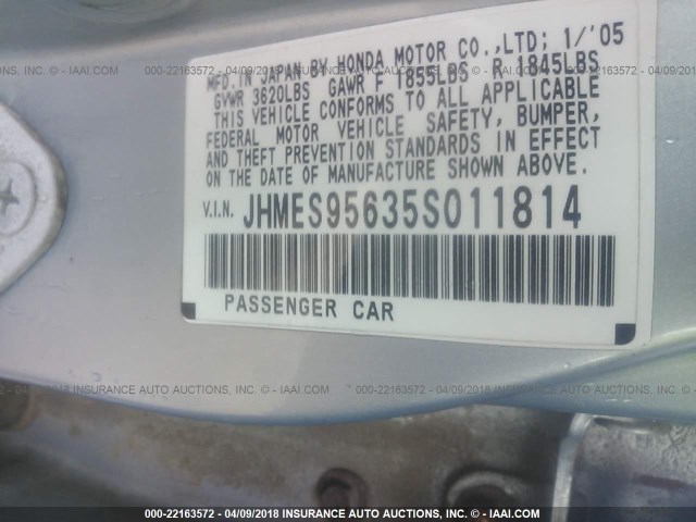 JHMES95635S077814 - 2005 HONDA CIVIC HYBRID Light Blue photo 9