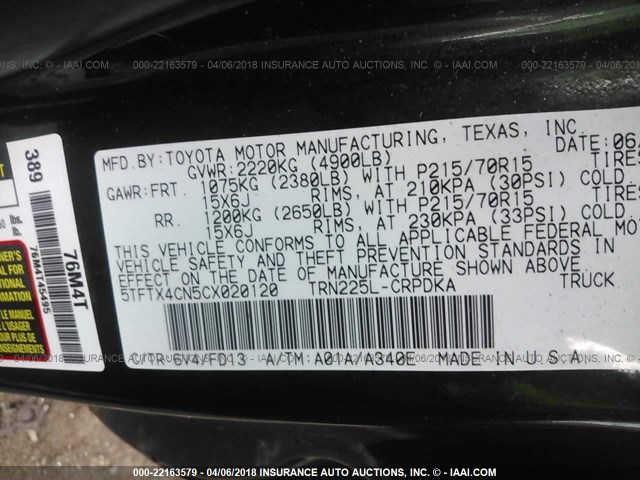 5TFTX4CN5CX020120 - 2012 TOYOTA TACOMA ACCESS CAB Grün Foto 9