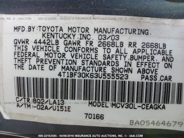 4T1BF30K63U555523 - 2003 TOYOTA CAMRY LE/XLE/SE 蓝色 照片 9