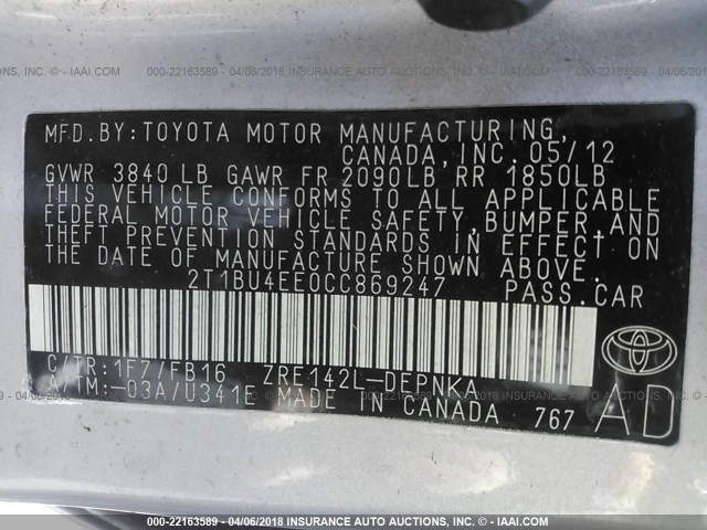 2T1BU4EE0CC869247 - 2012 TOYOTA COROLLA S/LE SILVER photo 9