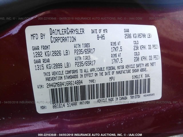2A4GM68416R614884 - 2006 CHRYSLER PACIFICA TOURING MAROON photo 9