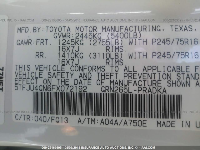 5TFJU4GN6FX072192 - 2015 TOYOTA TACOMA DOUBLE CAB PRERUNNER WHITE photo 9