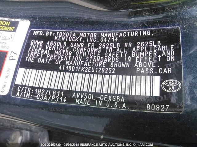 4T1BD1FK2EU129252 - 2014 TOYOTA CAMRY HYBRID/LE/XLE 黑色 照片 9