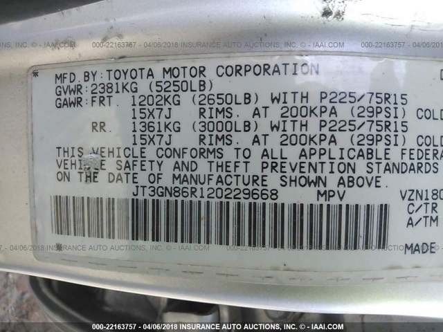 JT3GN86R120229668 - 2002 TOYOTA 4RUNNER SR5 SILVER photo 9