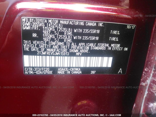 2T3WFREV5JW415913 - 2018 TOYOTA RAV4 ADVENTURE/XLE RED photo 9