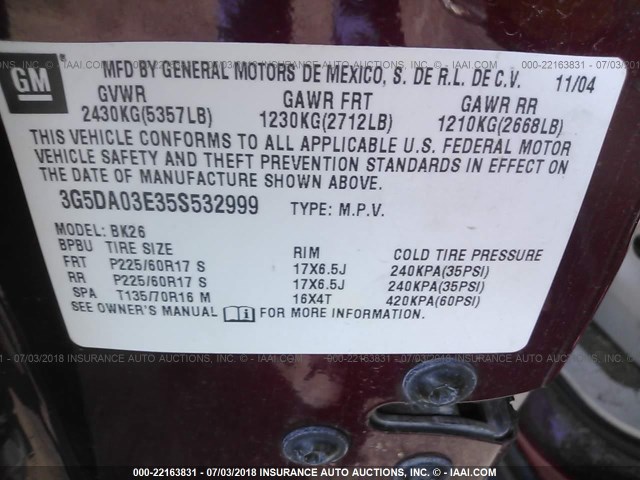 3G5DA03E35S532999 - 2005 BUICK RENDEZVOUS CX/CXL MAROON photo 9