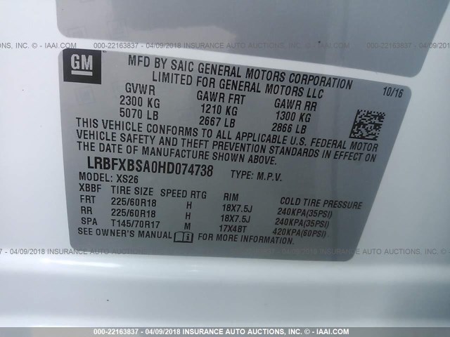 LRBFXBSA0HD074738 - 2017 BUICK ENVISION ESSENCE WHITE photo 9