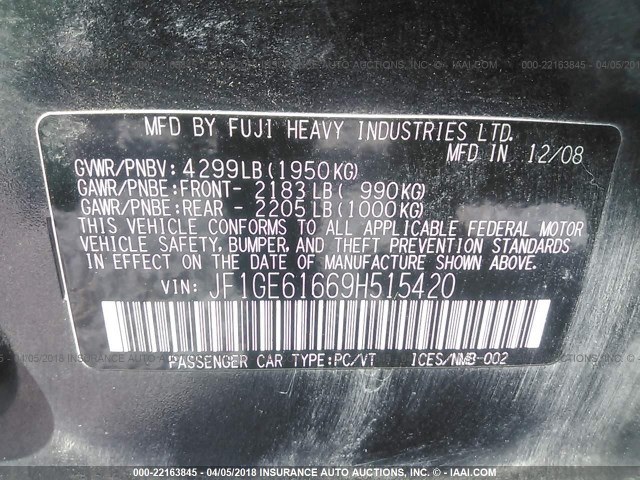 JF1GE61669H515420 - 2009 SUBARU IMPREZA 2.5I GRAY photo 9