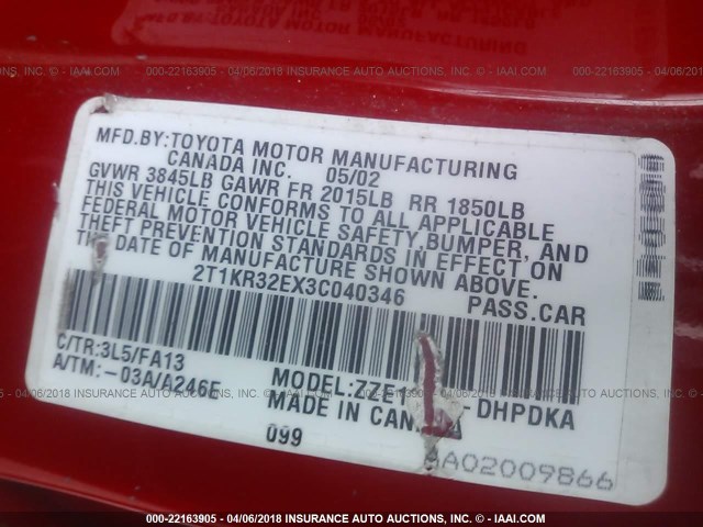 2T1KR32EX3C040346 - 2003 TOYOTA COROLLA MATRIX XR RED photo 9