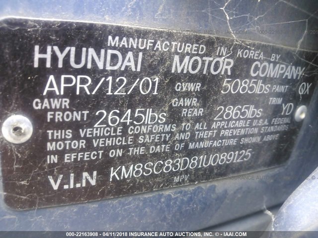 KM8SC83D81U089125 - 2001 HYUNDAI SANTA FE GLS/LX BLUE photo 9