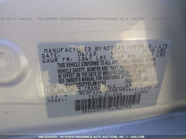 3N1CE2CP7EL361743 - 2014 NISSAN VERSA NOTE S/S PLUS/SV/SL SILVER photo 9