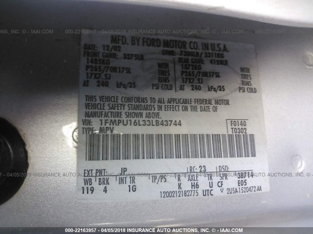 1FMPU16L33LB43744 - 2003 FORD EXPEDITION XLT SILVER photo 9