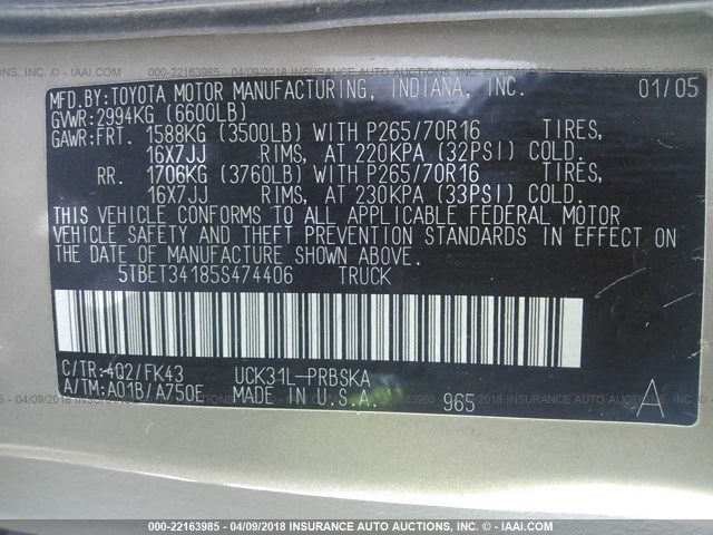 5TBET34185S474406 - 2005 TOYOTA TUNDRA DOUBLE CAB SR5 GOLD photo 9