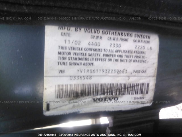 YV1RS61T932259683 - 2003 VOLVO S60 GREEN photo 9