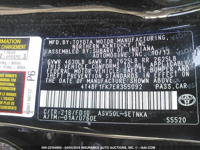 4T4BF1FK7ER355092 - 2014 TOYOTA CAMRY L/SE/LE/XLE 黑色 照片 9