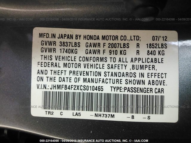 JHMFB4F2XCS010465 - 2012 HONDA CIVIC HYBRID GRAY photo 9