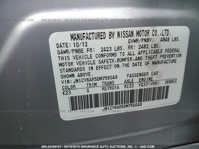 JN1CV6AR5DM756049 - 2013 INFINITI G37 SILVER photo 9