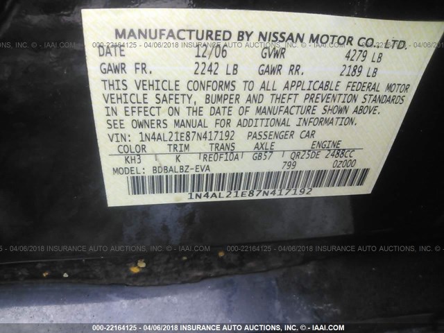 1N4AL21E87N417192 - 2007 NISSAN ALTIMA 2.5/2.5S BLACK photo 9