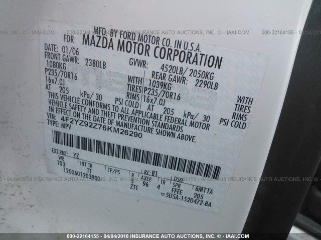 4F2YZ92Z76KM26290 - 2006 MAZDA TRIBUTE I WHITE photo 9