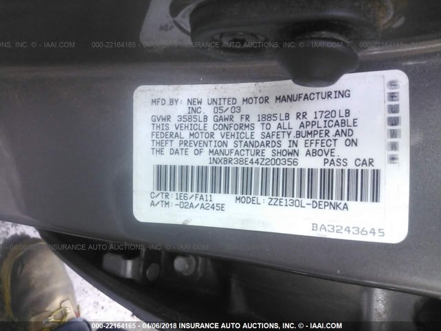 1NXBR38E44Z200356 - 2004 TOYOTA COROLLA CE/LE/S BEIGE photo 9