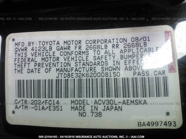 JTDBE32K620008150 - 2002 TOYOTA CAMRY LE/XLE/SE შავი ფოტო 9