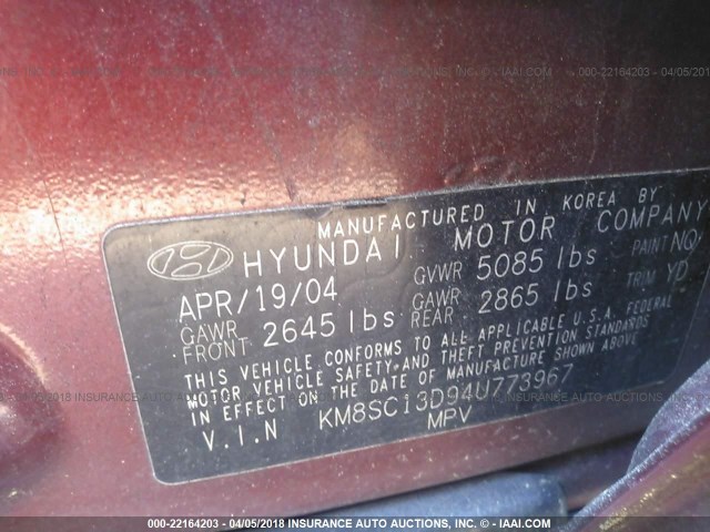 KM8SC13D94U773967 - 2004 HYUNDAI SANTA FE GLS/LX RED photo 9