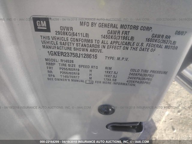 1GKER23758J128616 - 2008 GMC ACADIA SLT-1 Plata foto 9