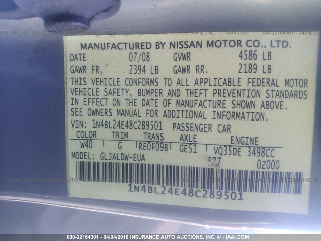 1N4BL24E48C289501 - 2008 NISSAN ALTIMA 3.5SE GRAY photo 9