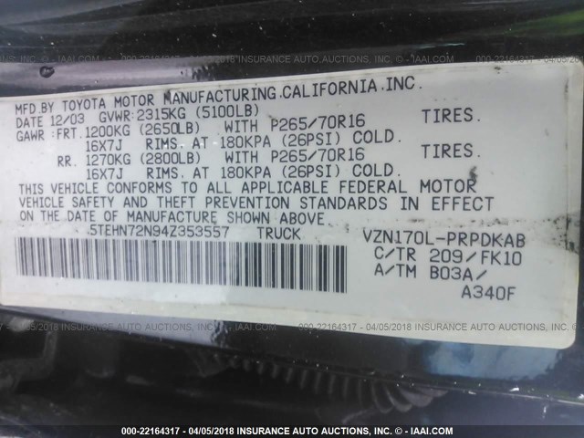 5TEHN72N94Z353557 - 2004 TOYOTA TACOMA DOUBLE CAB BLACK photo 9