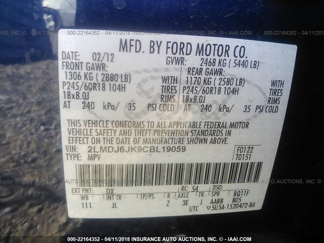 2LMDJ6JK9CBL19059 - 2012 LINCOLN MKX BLUE photo 9