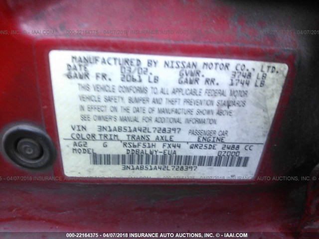 3N1AB51A42L728397 - 2002 NISSAN SENTRA SE-R SPEC V RED photo 9