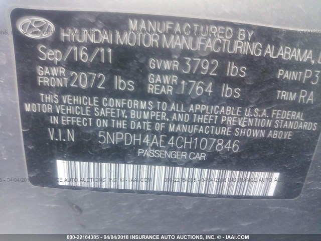 5NPDH4AE4CH107846 - 2012 HYUNDAI ELANTRA GLS/LIMITED GRAY photo 9