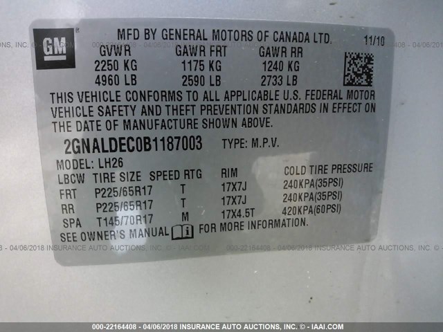 2GNALDEC0B1187003 - 2011 CHEVROLET EQUINOX LT SILVER photo 9