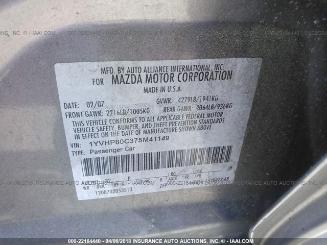 1YVHP80C375M41149 - 2007 MAZDA 6 I GRAY photo 9