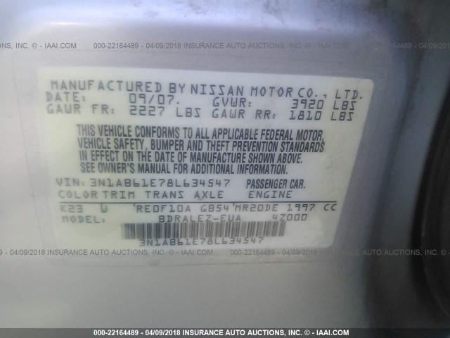 3N1AB61E78L634547 - 2008 NISSAN SENTRA 2.0/2.0S/2.0SL SILVER photo 9