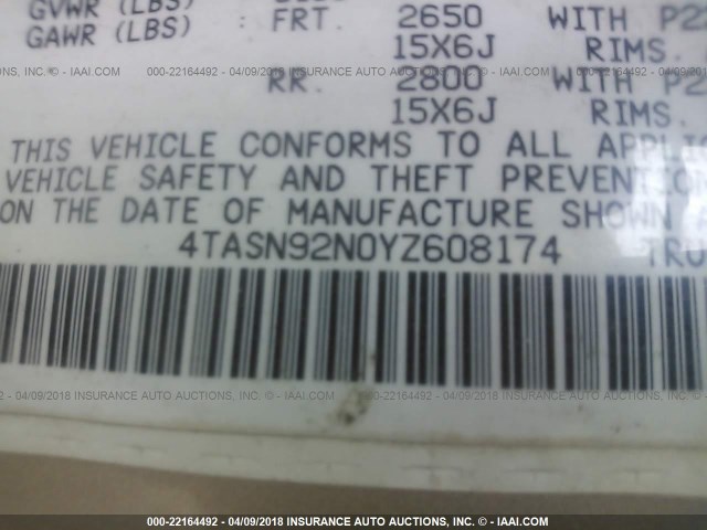 4TASN92N0YZ608174 - 2000 TOYOTA TACOMA XTRACAB PRERUNNER ოქროსფერი ფოტო 9