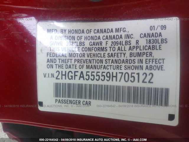 2HGFA55559H705122 - 2009 HONDA CIVIC SI RED photo 9