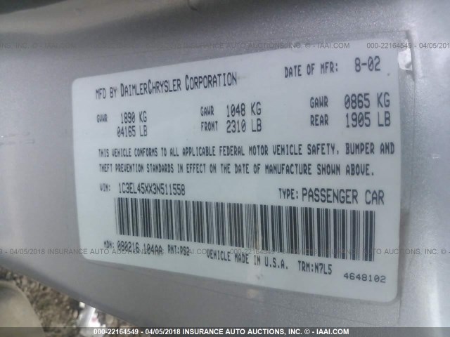 1C3EL45XX3N511558 - 2003 CHRYSLER SEBRING LX SILVER photo 9