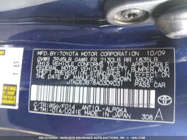 JTKDE3B78A0309031 - 2010 TOYOTA SCION TC 蓝色 照片 9