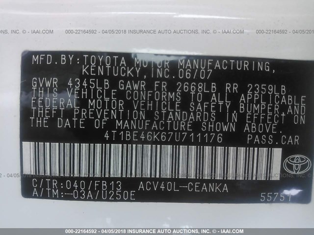 4T1BE46K67U711176 - 2007 TOYOTA CAMRY NEW GENERAT CE/LE/XLE/SE WHITE photo 9