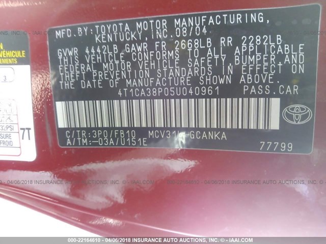 4T1CA38P05U040961 - 2005 TOYOTA CAMRY SOLARA SE/SLE RED photo 9