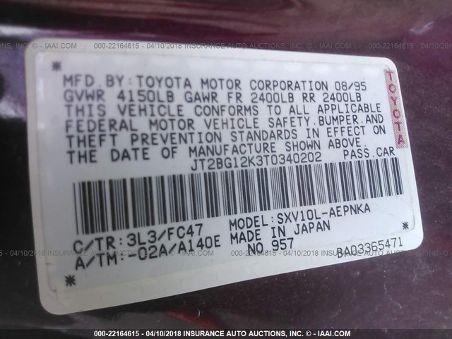 JT2BG12K3T0340202 - 1996 TOYOTA CAMRY DX/LE/XLE BURGUNDY photo 9