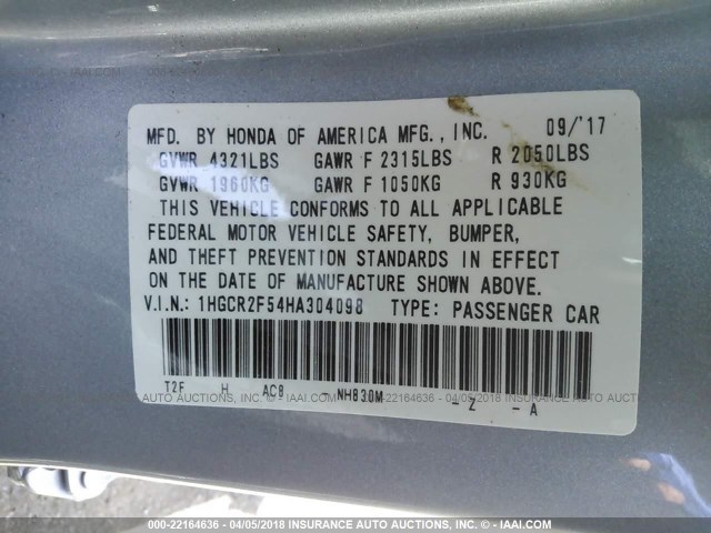 1HGCR2F54HA304098 - 2017 HONDA ACCORD SPORT 银色 照片 9