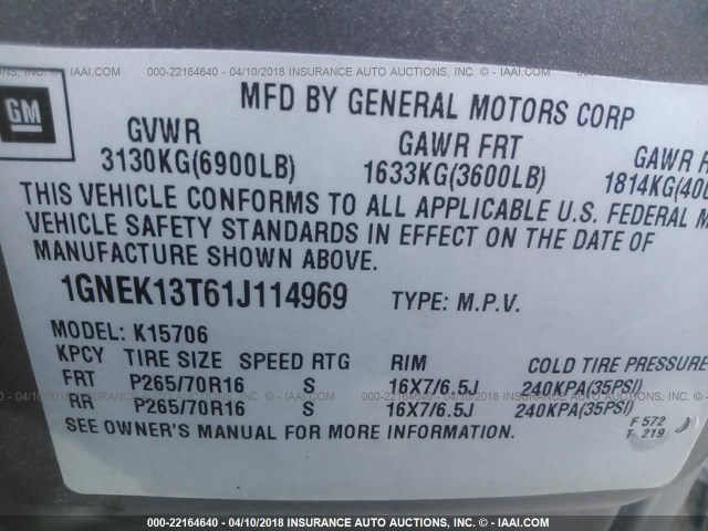 1GNEK13T61J114969 - 2001 CHEVROLET TAHOE K1500 SILVER photo 9