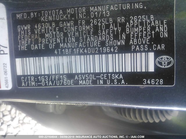 4T1BF1FK4DU219642 - 2013 TOYOTA CAMRY L/SE/LE/XLE GRAY photo 9