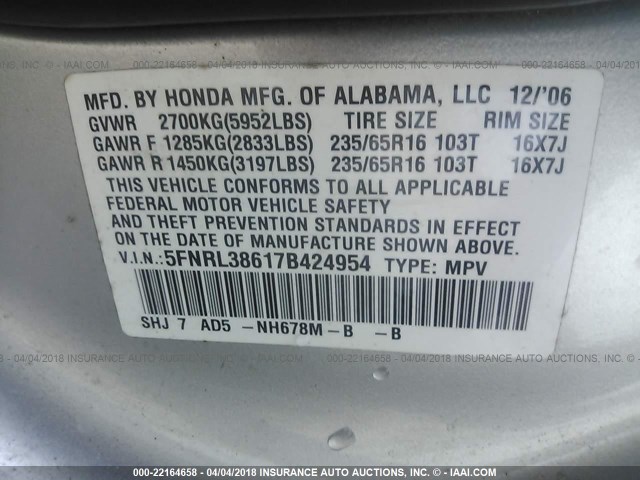 5FNRL38617B424954 - 2007 HONDA ODYSSEY EXL ვერცხლისფერი ფოტო 9
