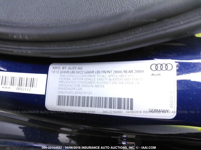 WAUF2AFC3DN075731 - 2013 AUDI S6 BLUE photo 9